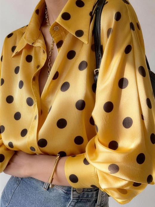 丁摩 独特漂亮巨好看黄色波点衬衫女内搭法式醋酸缎面小衫6ZF-6165 商品图1