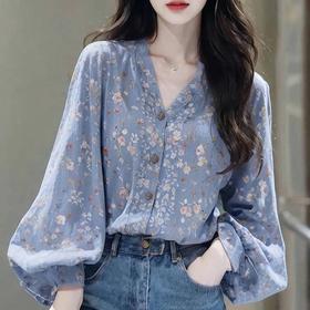 丁摩 春秋法式绝美独特淑女气质森系蓝色碎花长袖衬衫上衣女慵懒风6ZF-9279