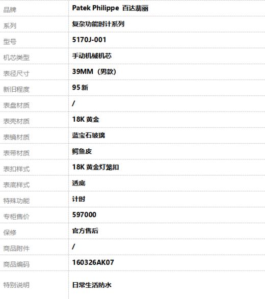 【95新】Patek Philippe 百达翡丽5170J-001手动机械机芯计时39MM（男款）复杂功能时计系列18K黄金160326AK07 商品图8