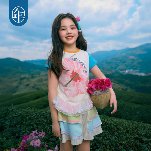 年衣童装儿童短袖T恤女童夏季新款正肩撞色民族女孩收腰圆领上衣 商品图1