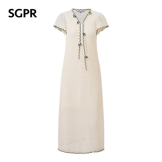 【SGPR】米白色手钩花连衣裙2026夏季新款中长款短袖V领撞色裙子(货号:MU80DR027) 商品图4