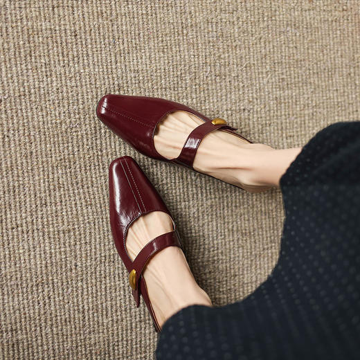 阿么手工女鞋粗跟一字带穆勒拖鞋夏季小方头复古风浅口包头拖4CM 商品图4