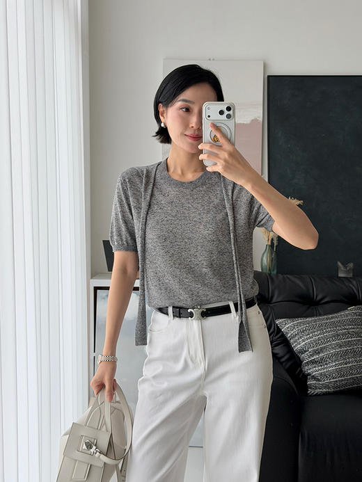 「工厂团购上新」 亚麻假两件披肩款圆领针织T恤上衣60605 商品图4
