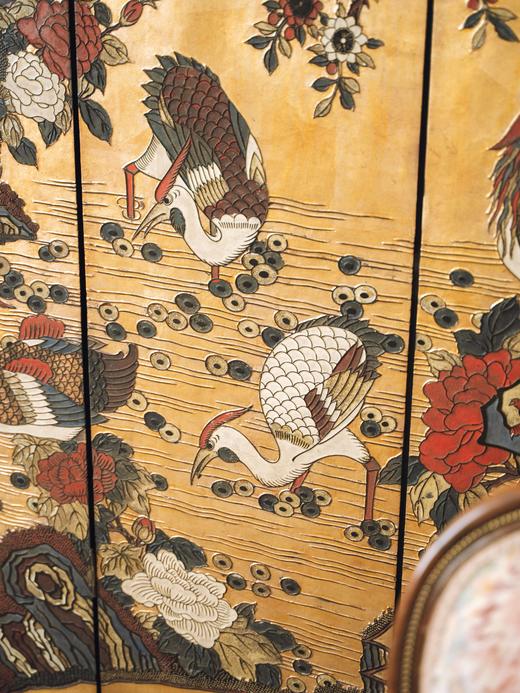 独角鹿西洋古董20世纪初期中国出品花鸟山水主题六曲款彩屏风 商品图4