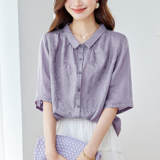 紫色绣花衬衫女短袖2026夏装新中式国风上衣气质轻熟衬衣   MJ-55054 商品图2