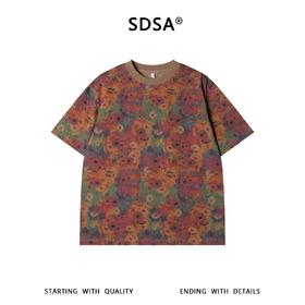 SDSA男装2026新款轻奢复古休闲撞色满印植物花卉圆领短袖T恤百搭