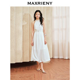 MAXRIENY千金名媛风连衣裙2024夏季新款高腰节收褶无袖挂脖裙子(货号:MS85DR011)