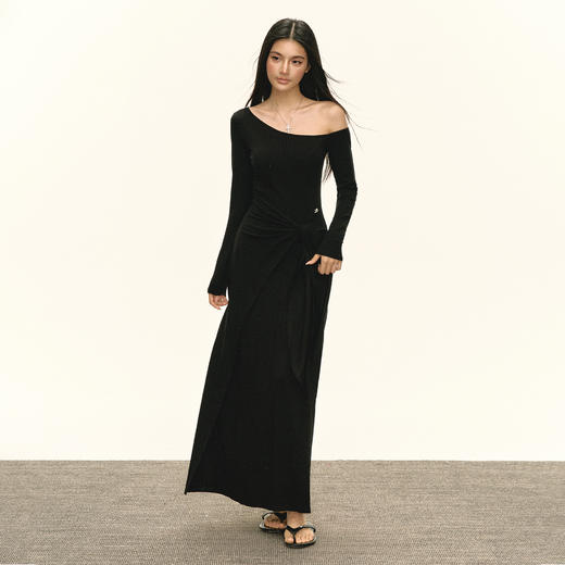 Ariseism 美式复古高级感斜肩绑带长袖长裙女春季新款修身连衣裙 商品图0