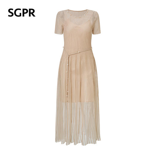 【SGPR】浅杏色散摆式连衣裙2026年夏季新款中长款钉珠收腰裙子(货号:MU80DR030) 商品图4