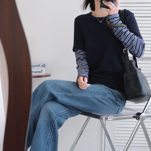 【假两件撞色条纹打底衫】蓝灰复古配色 撞色拼接条纹长袖 经典圆领 商品图2