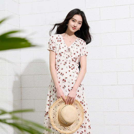 三彩2026夏季新款法式度假碎花雪纺裙连衣裙短袖A字裙长裙S 商品图3