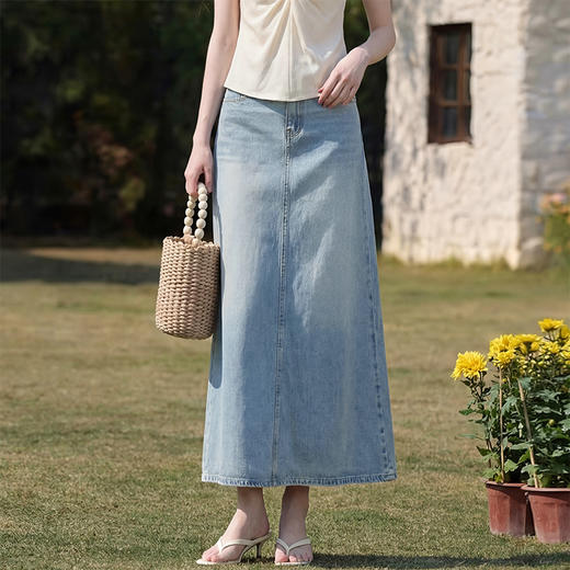 西遇怀旧蓝百搭2026春夏新款高腰显瘦中长款包臀a字裙牛仔半身裙H0060241 商品图4