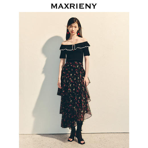 【萨顶顶同款】MAXRIENY樱桃黑巧套装精致浪漫半身裙层叠波浪裙(货号:MS86SK043) 商品图1