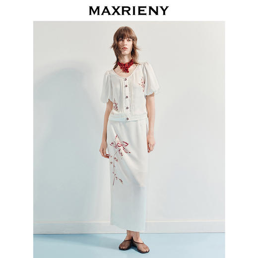 MAXRIENY精致日常感箱型印花雪纺衫25夏款法式复古修身上衣女(货号:MT86TP251) 商品图1