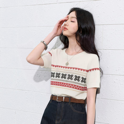 【莱赛尔】三彩2026夏季新款圆领短袖针织衫提花上衣套头休闲S 商品图2