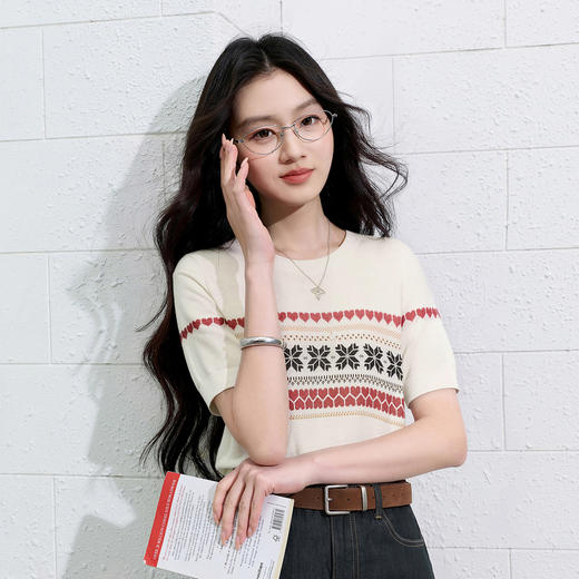 【莱赛尔】三彩2026夏季新款圆领短袖针织衫提花上衣套头休闲S 商品图3