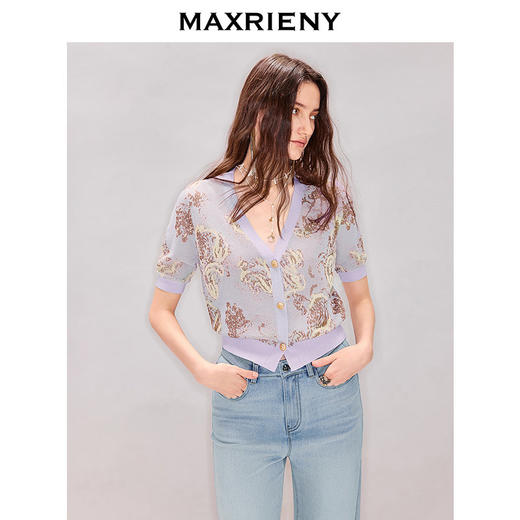 MAXRIENY佩斯利花纹针织衫2026春季新款V领短袖套头毛衣复古上衣(货号:MF80JA006) 商品图2