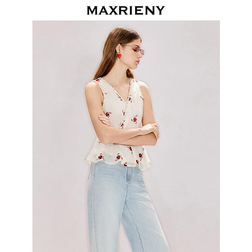 MAXRIENY立体绣花衬衫2026年春季新款无袖V领衬衣米白色收腰上衣(货号:MF80TP004) 商品图2