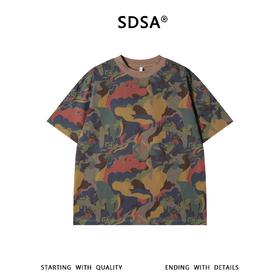 SDSA男装2026新款高贵轻奢美式复古丛林迷彩印花宽松圆领短袖T恤