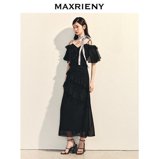 MAXRIENY法式复古花边收腰连衣裙25夏款浪漫赫本风长裙约会小黑裙(货号:MS86DR088) 商品图1