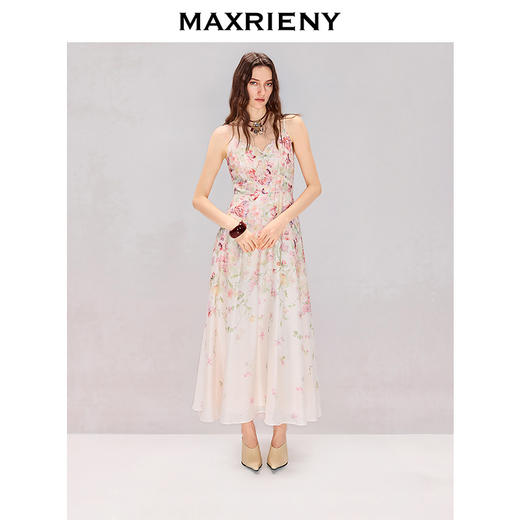 【粉彩风】MAXRIENY浪漫度假风晕染碎花收腰吊带天丝连衣裙26夏法式(货号:MS80DR048) 商品图2