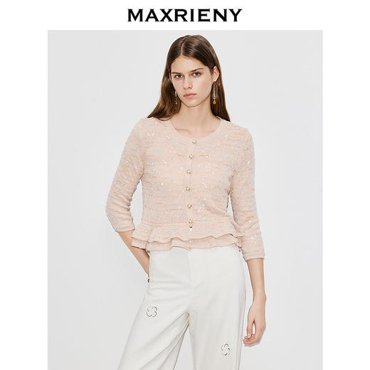 MAXRIENY浅藕粉色针织衫2026年春季新款修身双层荷叶边上衣毛衣(货号:MF80SW002) 商品图1