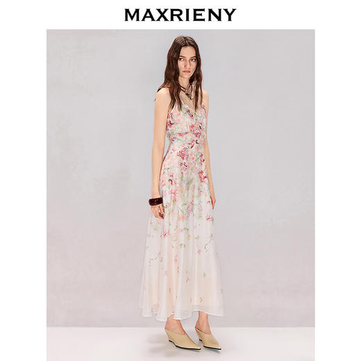 【粉彩风】MAXRIENY浪漫度假风晕染碎花收腰吊带天丝连衣裙26夏法式(货号:MS80DR048) 商品图1