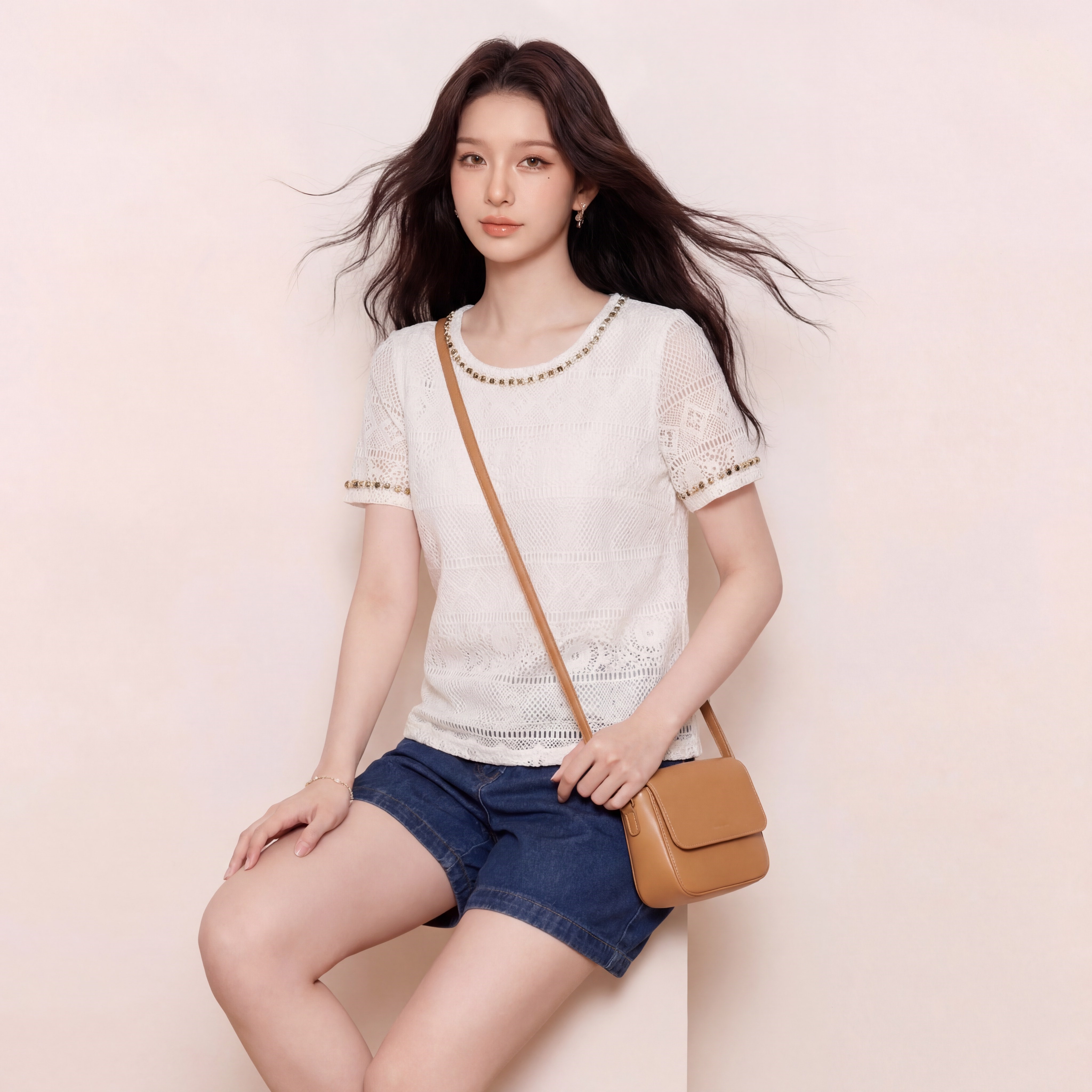 奢姿大码女装2026夏季镂空蕾丝气质上衣胖妹妹串珠圆领时尚T恤9962254600