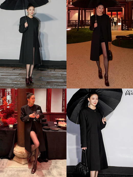 HIDEMI 绵羊毛设计感黑色简约圆领长款西装西服外套 商品图1