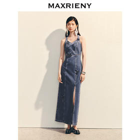 【商场同款-浅春系穿搭】MAXRIENY复古挂脖牛仔连衣裙开叉裙子春(货号:MC86DR074)