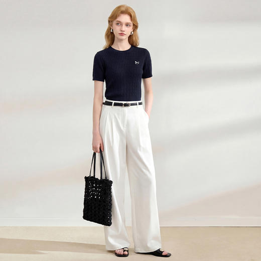 西遇麻花蝴蝶结针织短袖t恤女士装夏季2026年新款气质短款T恤上衣H0060246 商品图1