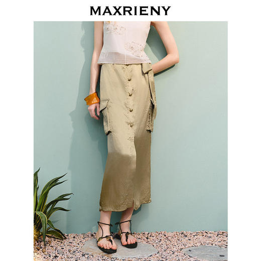 【商场同款】MAXRIENY通勤工装口袋直筒半裙25夏款军绿色醋酸裙子(货号:MC86SK275) 商品图2