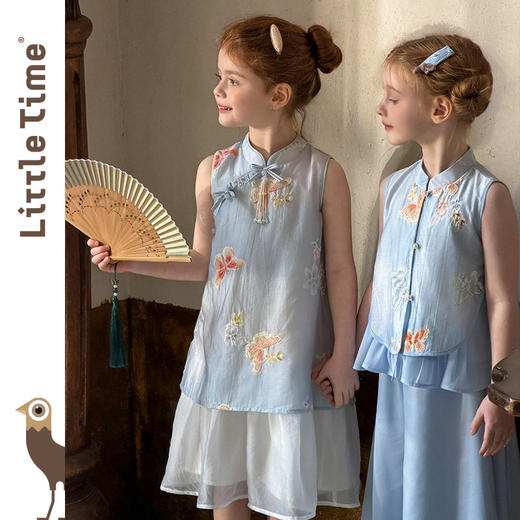 littletime新中式风女童连衣裙夏季无袖刺绣蓝色长裙洋气复古 商品图2