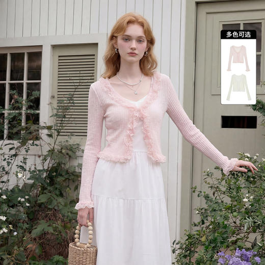 西遇法式浪漫风2026春夏新款蕾丝拼接荷叶边女修身针织开衫外套H0060249 商品图0