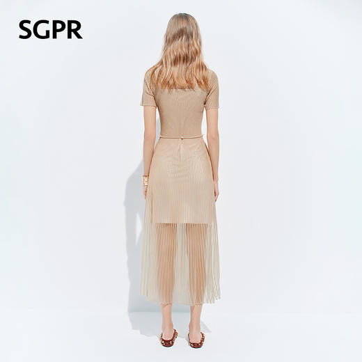 【SGPR】浅杏色散摆式连衣裙2026年夏季新款中长款钉珠收腰裙子(货号:MU80DR030) 商品图3