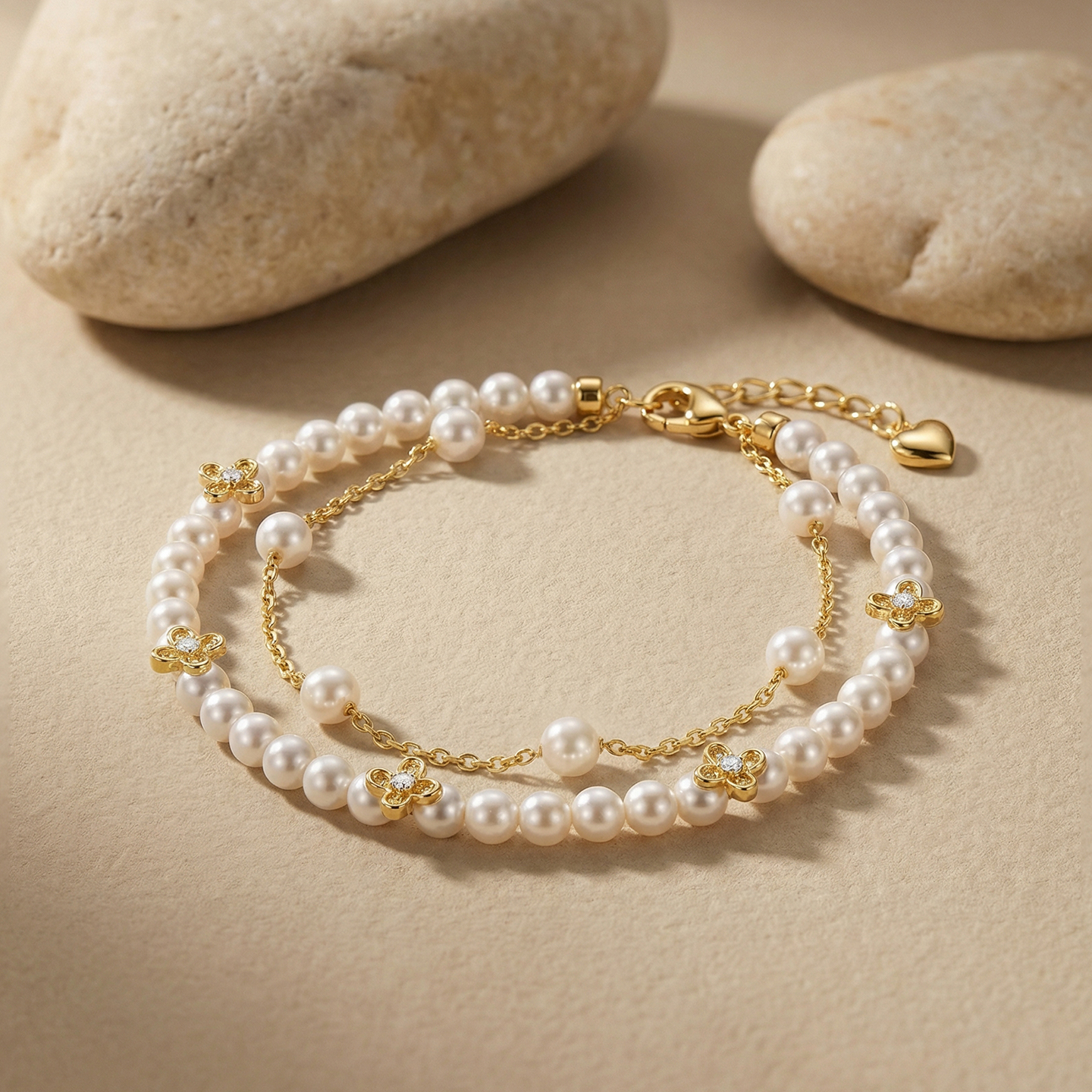 MANREYA玛芮雅“月影四叶”珍珠四叶草手链，金色银色可选