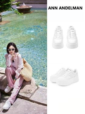 品牌直发特价ELLE厚底松糕纯皮小白鞋