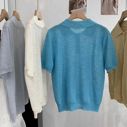 雀说翻领纯色短袖竹节麻针织衫夏季简约百搭直筒上衣 WAL7068 商品图3