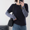 【假两件撞色条纹打底衫】蓝灰复古配色 撞色拼接条纹长袖 经典圆领 商品缩略图3