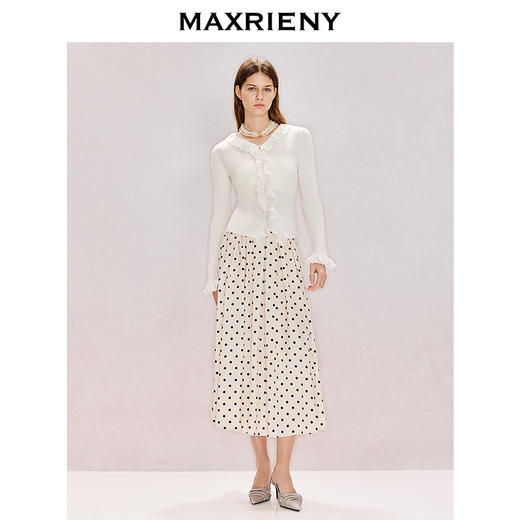 MAXRIENY米白色针织衫2026年春季新款V领套头毛衣修身荷叶边上衣(货号:MF80JA013) 商品图1