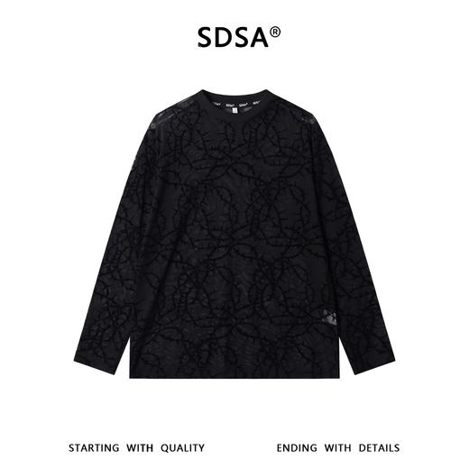 SDSA男装2026新款高贵轻奢时尚植绒荆棘植绒网纱圆领长袖T恤百搭 商品图0