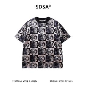 SDSA男装2026新款轻奢潮牌植绒棋盘格圆饼设计圆领短袖T恤百搭