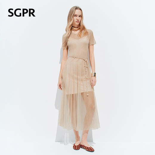 【SGPR】浅杏色散摆式连衣裙2026年夏季新款中长款钉珠收腰裙子(货号:MU80DR030) 商品图2