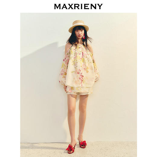 【毛晓彤同款】MAXRIENY浪漫无袖宽松亚麻上衣印花雪纺衫茧型设计(货号:MC86TP036) 商品图1