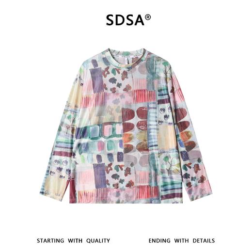 SDSA男装2026新款高贵轻奢水彩拼贴抽象网纱圆领长袖T恤百搭舒适 商品图0