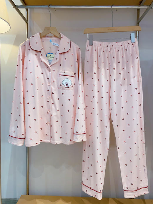 松植屋女款莱卡棉带胸垫长袖睡衣套装可外穿家居服 商品图1