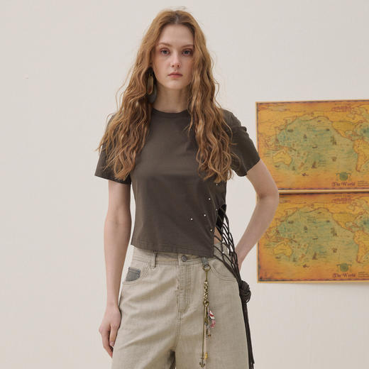 谜底编织绳T恤短袖2026年夏季新品贝壳珠子立体设计感女262MT0673 商品图0