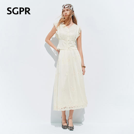 【SGPR】奶油白色半身裙2026年夏季新款高腰压褶半裙镂空蕾丝长裙(货号:MU80SK016) 商品图1
