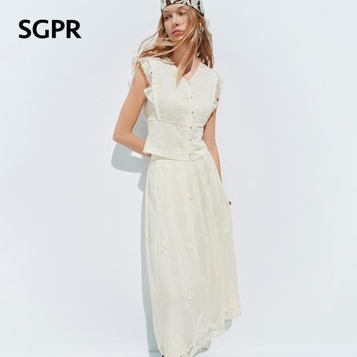 【SGPR】奶油白色V领衬衫2026年夏季飞飞袖收腰上衣镂空绣花衬衣(货号:MU80TP010) 商品图2