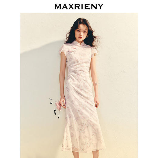 MAXRIENY中式绣花印花收腰连衣裙25夏款修身长裙改良旗袍裙领证裙(货号:MS86DR005) 商品图1